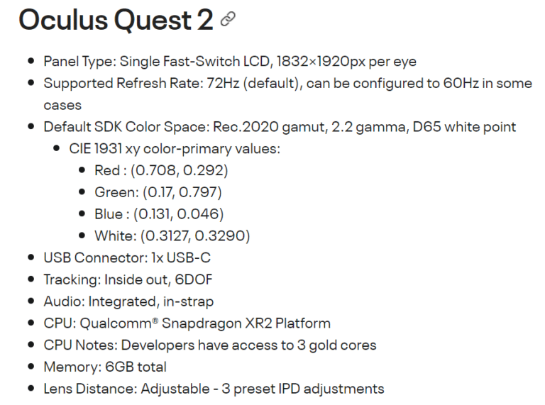 Oculus Quest 2 Specifications