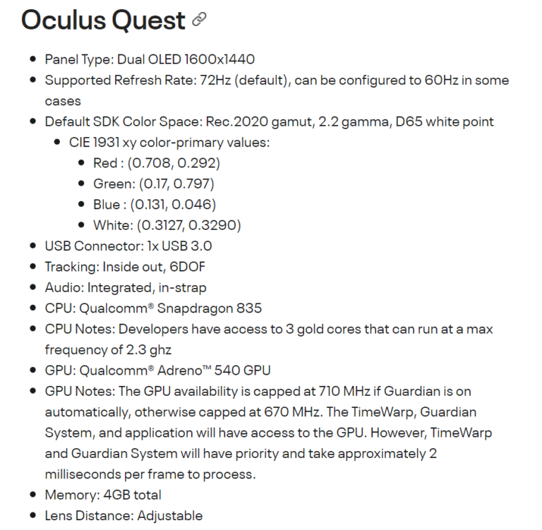 Oculus Quest Specifications